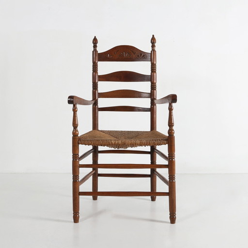 Antica poltrona francese in legno con seduta in canna, anni 1890