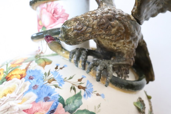 Image 1 of Majestic Ceramic Vase with Eagle and Crocodile, Italy Early 20th Century