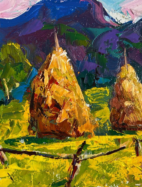 Image 1 of Original Oil Painting Nature Landscape Hills Mowed Hay in the Field