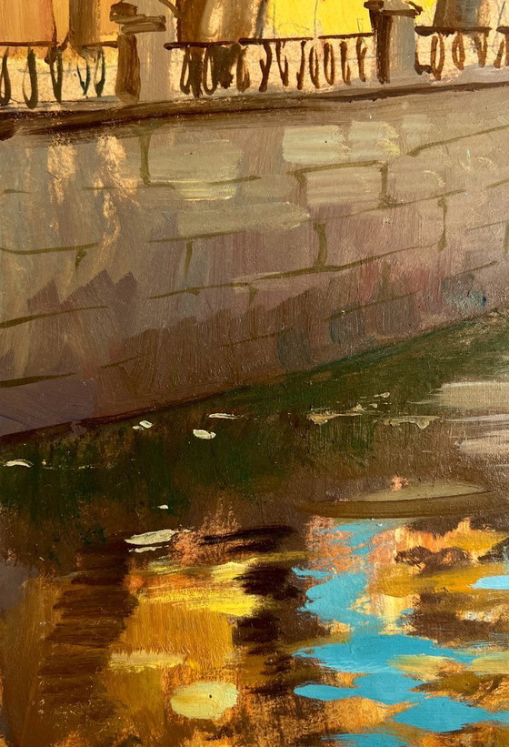 Image 1 of Pintura al óleo original Paisaje urbano otoñal Escalones en el puente de otoño