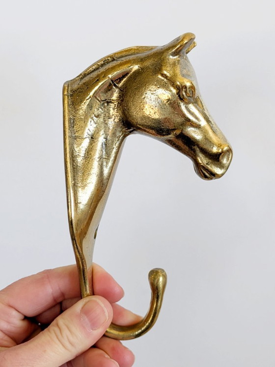 Image 1 of Set of 3 Vintage Brass Horse Head Wall Hooks Equestrian Heritage Accent