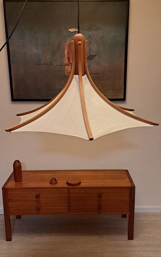 Image 1 of Vintage Domus Pendant Lamp – Teak Wood & Fabric – Mid Century Scandinavian Design