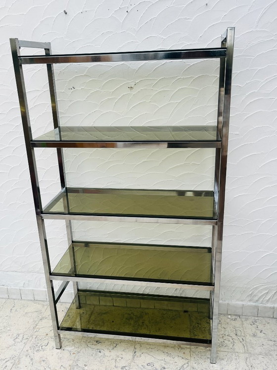 Image 1 of Mensola vintage di design italiano in cromo e vetro fumé degli anni '70.
