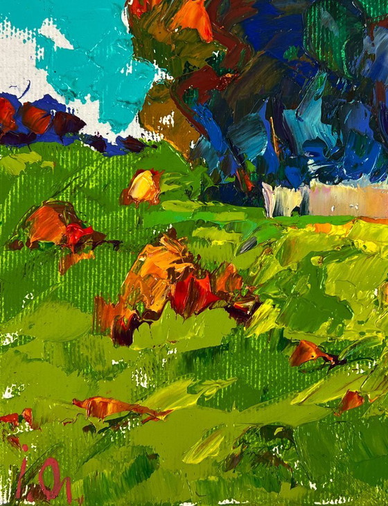 Image 1 of Peinture à l'huile originale, paysage rural, prairie, village, parc en forêt