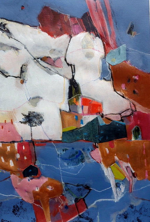 COLLAGE - Wie heeft de hond losgelaten? Gemengde technieken, 50 x 70 cm