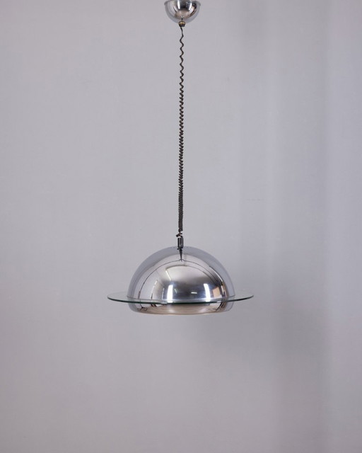 VINTAGE 70'S CHROME METAL AND GLASS CHANDELIER, ITALIAN DESIGN