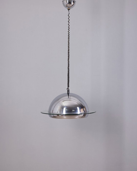 Image 1 of VINTAGE 70'S CHROME METAL AND GLASS CHANDELIER, ITALIAN DESIGN