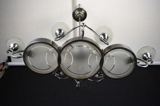 Image 1 of Araña Art Decó italiana de latón niquelado y cristal esmerilado, años 30