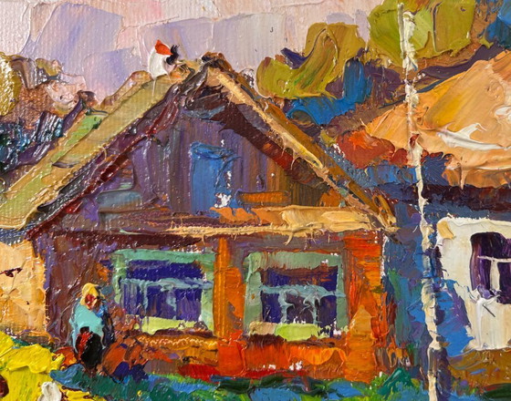 Image 1 of Original Oil Painting Evening Village Landscape Returning home