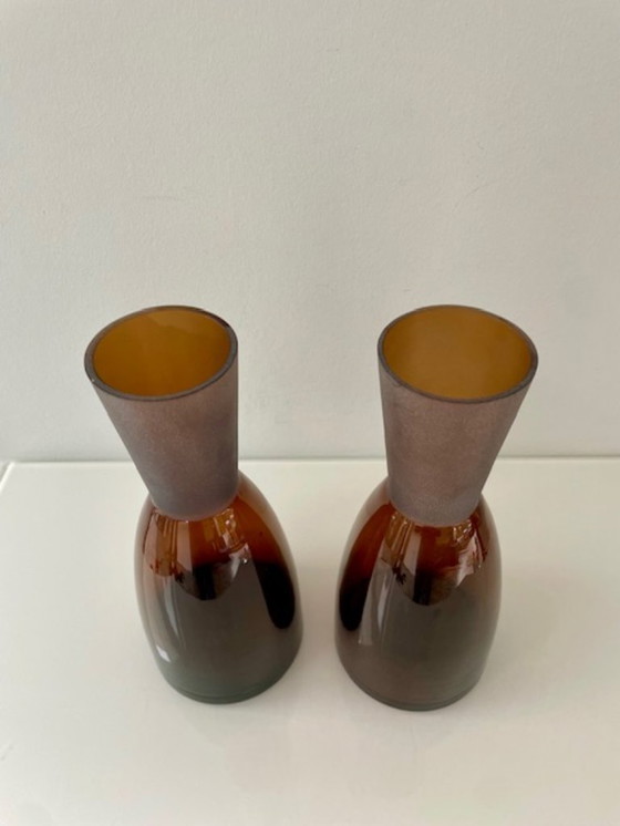 Image 1 of Set of 2 amber-colored Scandinavian design carafes / vases