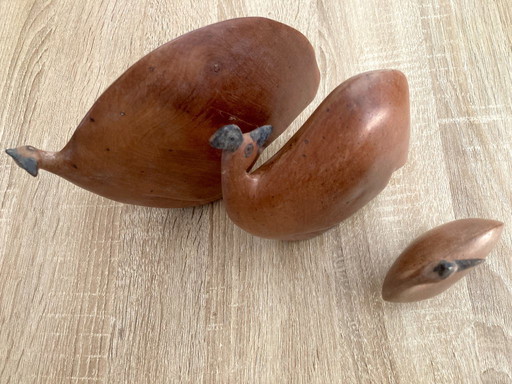 Set of 3 minimalist solid wood bird figurines from Africa