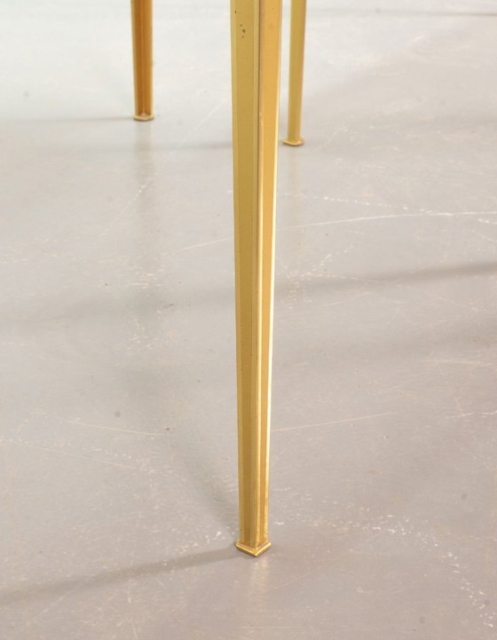 Image 1 of Elegant Hollywood Regency Minimalistic Solid Brass Side Tables with Smokey Glass Top by Vereinigte Werkstätten. Set of 2. 1970s.