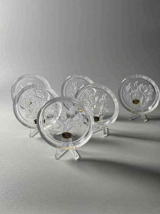 Coffret de 6 sous-verres en cristal Val Saint Lambert « Fleurs » – Motifs floraux – Style années 1950 – En boîte