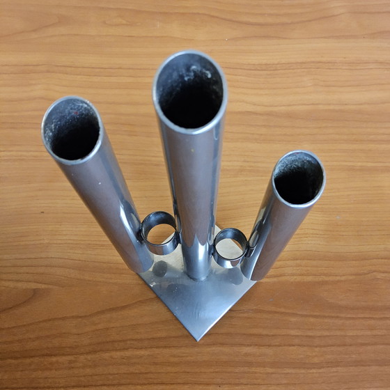 Image 1 of Vase/bougie moderniste en acier inoxydable, style vintage/ère spatiale, design italien (années 70), pour fleurs séchées.