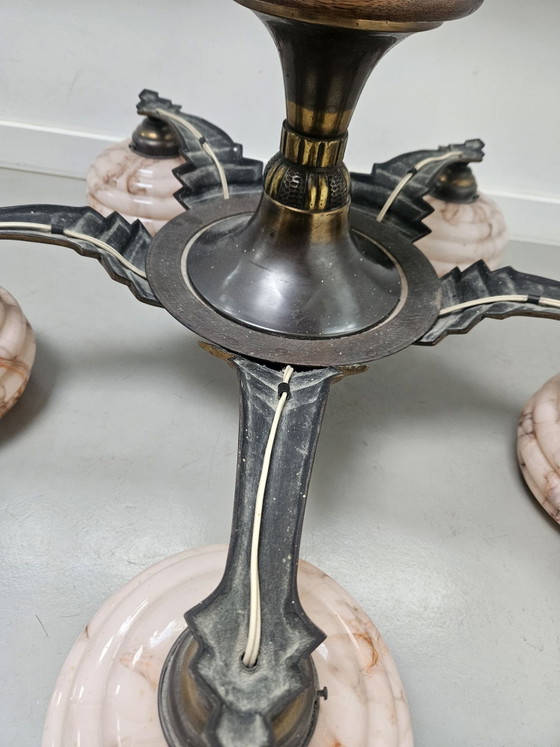Art Deco Chandelier Hagenauer style 1920s/30s, Pendant lamps, Bronze, Glass, Pink (photo 5 of 13)