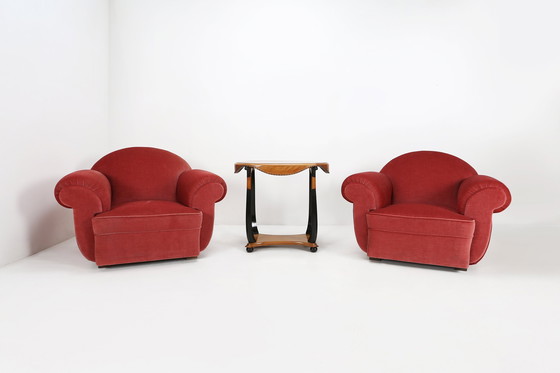 Image 1 of Ensemble de 3 fauteuils en velours rouge Art déco, années 1930