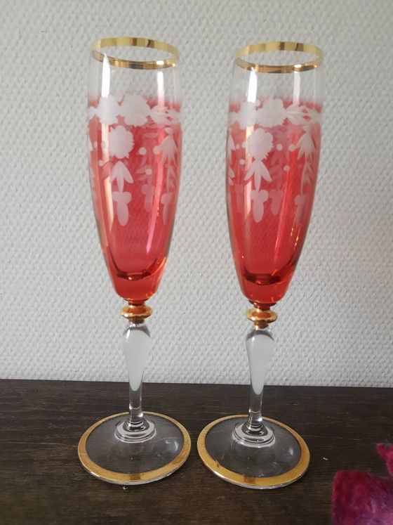 Image 1 of Set vintage kristallen Janus champagneglazen flutes met bladgoud