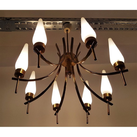 Image 1 of Italian "Tulip" chandelier in glass and brass - 1950s