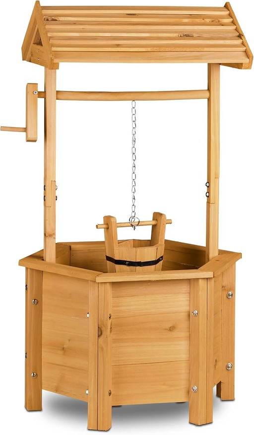 Relaxdays Wooden garden well with bucket and crank HxWxD: 82 x 47 x 41 cm, nature
