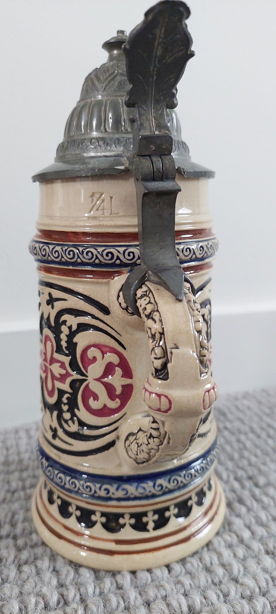 Boccale da birra tedesco vintage con coperchio in peltro – Modello 375 (1/4 di litro) – Oggetti decorativi (photo 4 of 9)