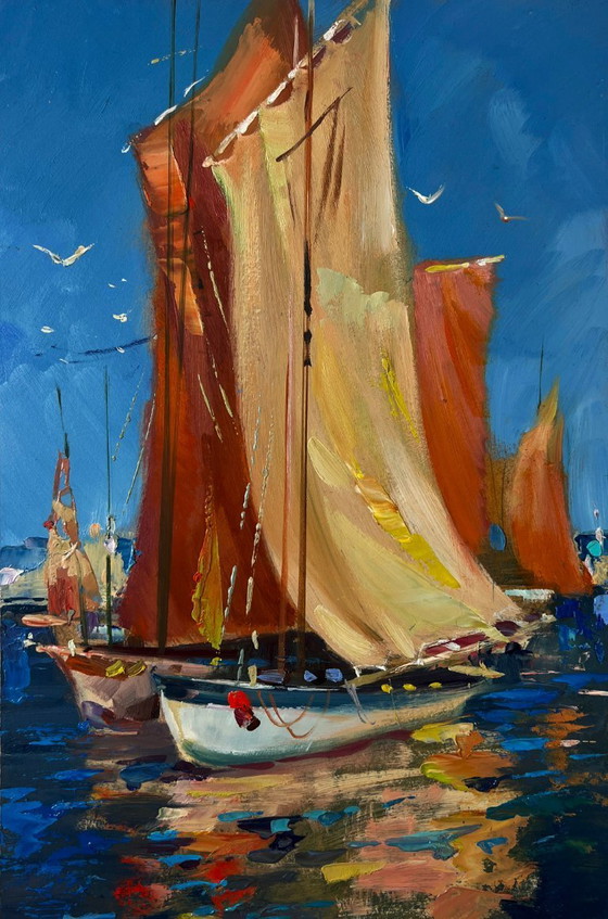 Image 1 of Original Oil Painting Summer Sea Landscape Sail full of wind