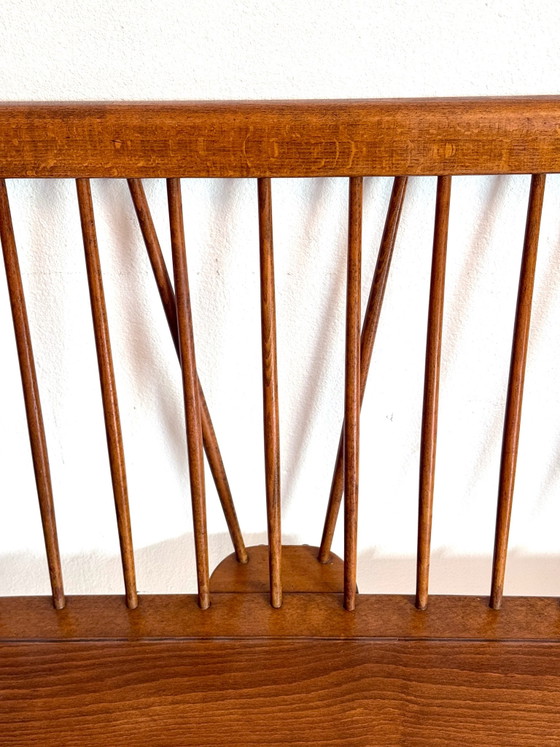 Vintage mid-century wooden slatted bench 1960s, Benches, Brown (photo 12 of 13)