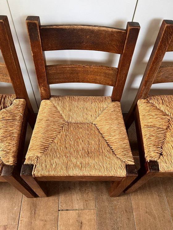 Houten butalistische stoelen set, Eetkamerstoelen, Rotan, Beige (foto 5 van 9)