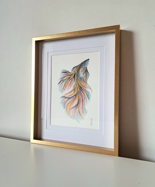 Aquarellgemälde Betta Halfmoon Fisch Gold| Mit Rahmen I
