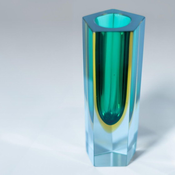 Image 1 of Flavio 2x Poli Murano Sommerso Vasen, Grün & Gelbes Glas, Zweier-Set