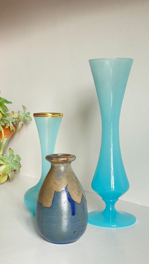 Vintage Blue Stoneware and Opaline Glass Vases