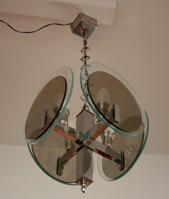 Image 1 of Lustre Vintage Art Déco en métal chromé et verre, Italie, années 1970