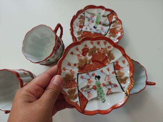 Tazze da tè vintage giapponesi in porcellana guscio d'uovo Kutani, Servizi da tavola, Dorato (foto 4 di 10)