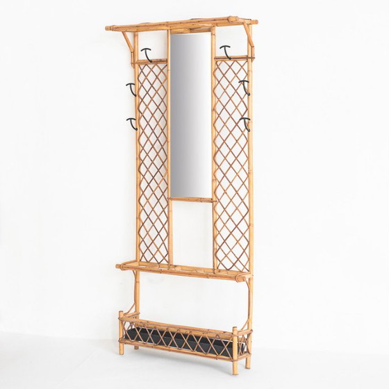 Vintage Hall Coat Rack With Mirror. Cane And Metal. France, 1960s – Rattan (photo 3 of 10)