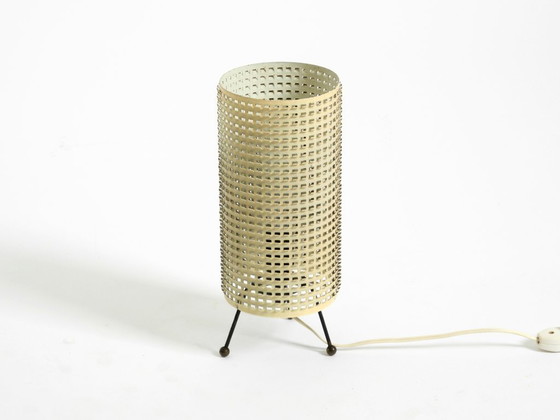 Image 1 of Original 1950s brass tripod table lamp with a perforated metal lampshade