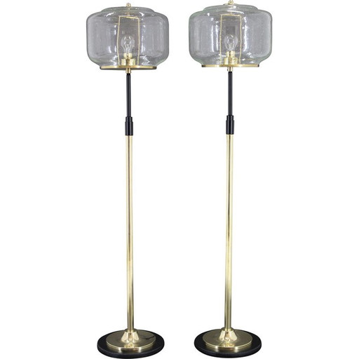 Paire de lampadaires vintage en verre et laiton par Kamenicky Senov, Tchécoslovaquie 1970