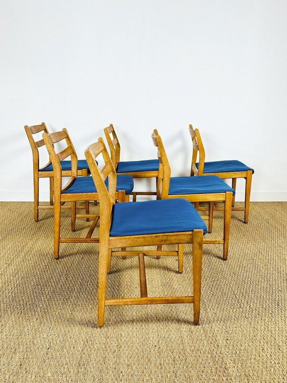 Image 1 of Set di 6 sedie da pranzo vintage in rovere e tessuto blu, 1960