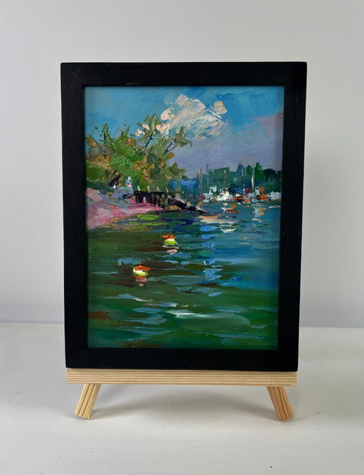 Original Oil Painting Coastal Waves Landscape City river in summer