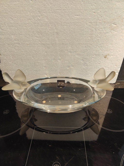Coupe Ovale Cristal de Sèvres France Met 2 Vogels, Gesigneerd