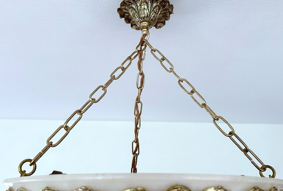 Image 1 of Lampada a sospensione in alabastro e bronzo in stile Art Déco francese