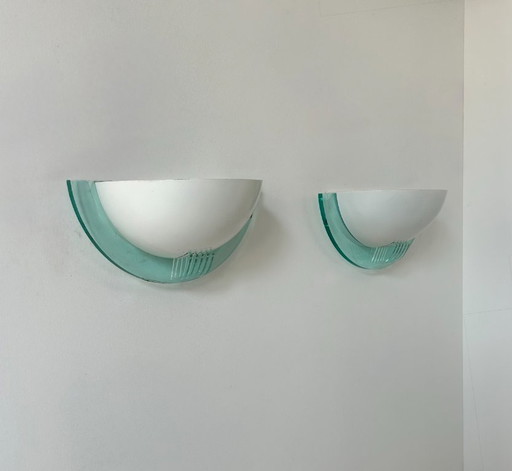 Pair of post-modernist sconces in white metal and perspex, France 1980