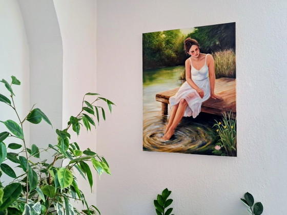 David KANDELAKI - Woman sitting on the pier - Artist's Painting, Paintings & Drawings, Canvas, Other, Green (photo 6 of 11)