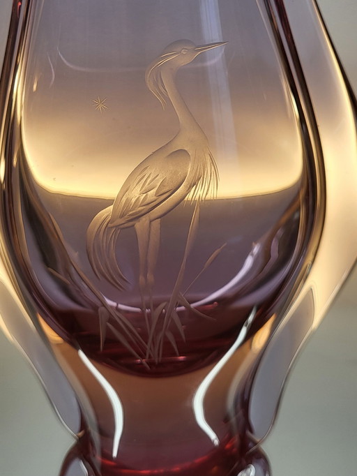 Art Glass Vase With Crane Engraved, Miloslav Klinger, Bohemian Glass, 1970s