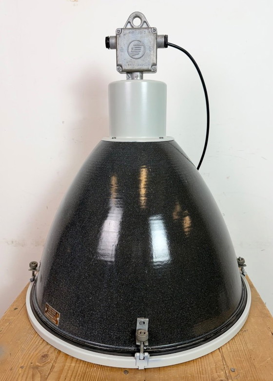 Image 1 of Large Industrial Black Enamel Factory Lamp with Glass Cover, 1960s