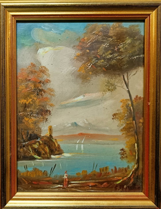 ANTICO DIPINTO SU TAVOLA SCENA 800, Dipinti e disegni, Legno, Tela, Blu, Figuratief (foto 3 di 5)
