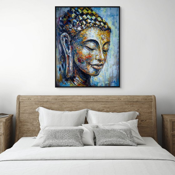 Image 1 of Unique hand-painted Buddha painting “Golden Serenity” – Seksak Jaichumchen – 80×100 cm