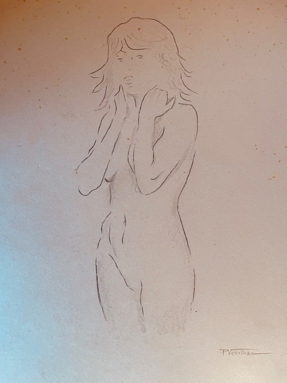 Image 1 of Nude female drawing "sketchbook hand held high" on antique cardboard