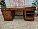 Classic cherry wood double-sided desk, writing table, partner desk with leather inlay, light signs of age