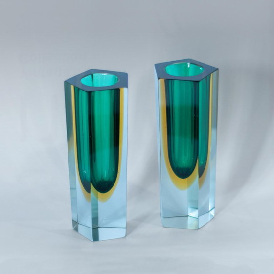 Image 1 of Flavio 2x Poli Murano Sommerso Vasen, Grün & Gelbes Glas, Zweier-Set