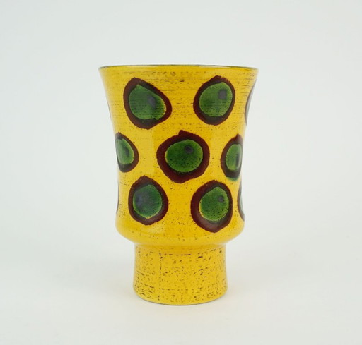 colorful hand-painted strehla gdr ceramic VASE yellow brown green polka dot pattern