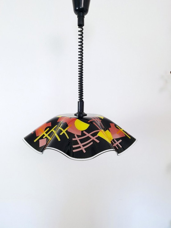 Image 1 of Vintage 1980s Memphis Design Pendant Light / Postmodern Geometric Pull Down Lamp / Roly Poly Spiral Cable Chandelier / Retro Era